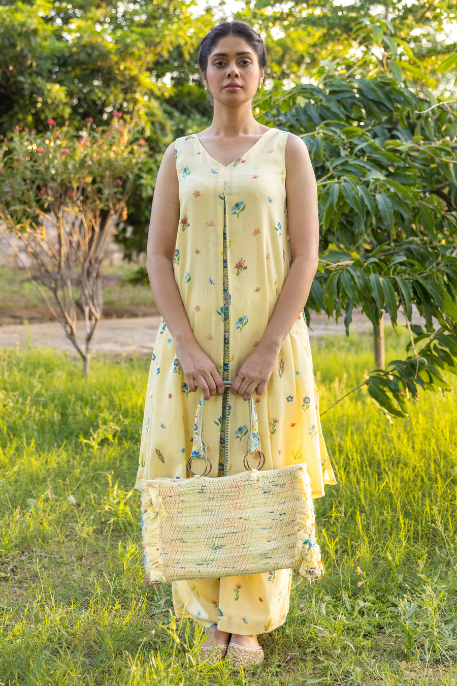 WOMEN'S PASTEL YELLOW COTTON MOSS BLISS CO-ORD SET