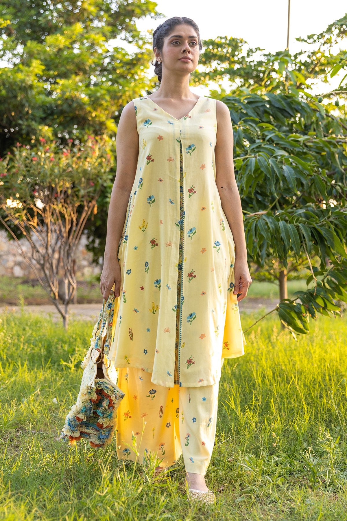 WOMEN'S PASTEL YELLOW COTTON MOSS BLISS CO-ORD SET