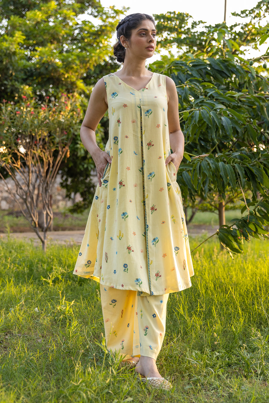 WOMEN'S PASTEL YELLOW COTTON MOSS BLISS CO-ORD SET