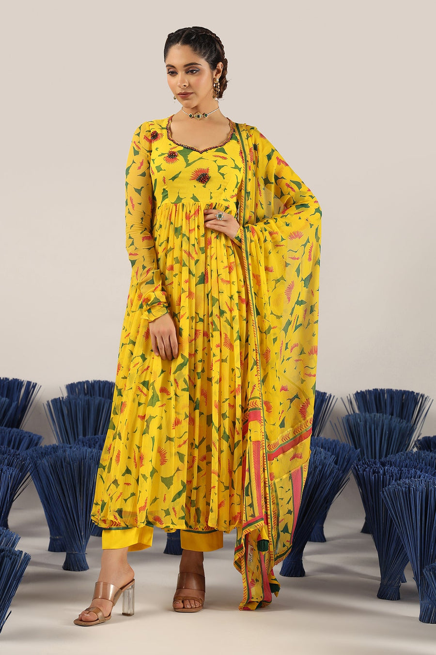 WOMEN'S YELLOW CHIFFON SMITI ANARKLI KURTA
