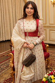 WOMEN'S BEIGE, RED CHIFFON GULAL ANARKALI SET