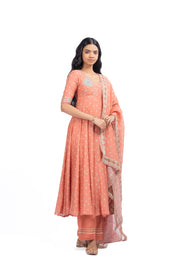 WOMEN'S ORANGE CHANDERI SURAJMUKHI ANARKALI SET