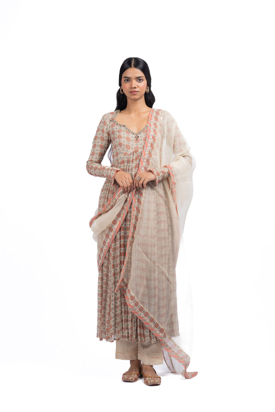 WOMEN'S MULTICOLOR CHIFFON  SEESH MAHAL ANARKALI SET