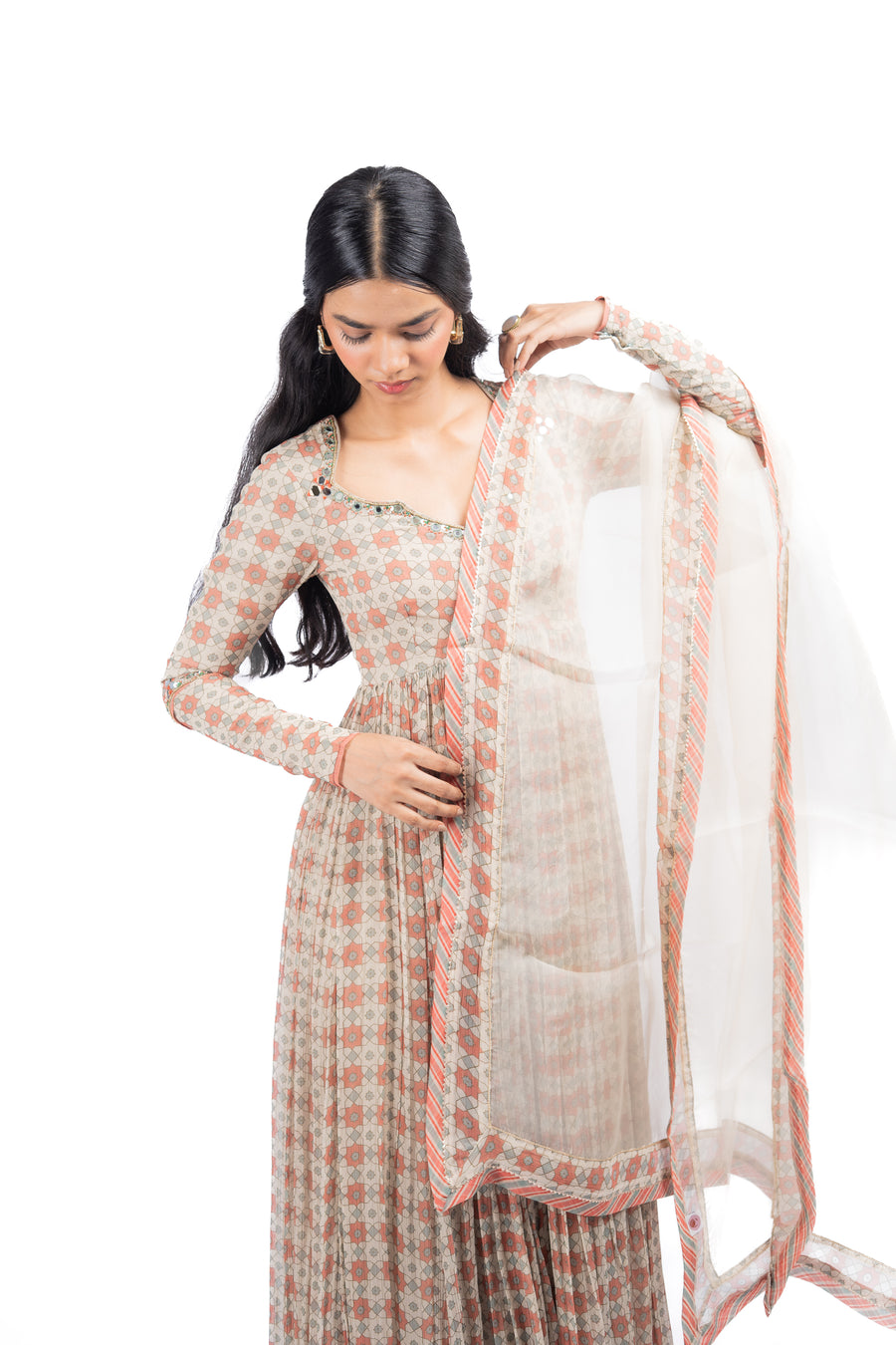 WOMEN'S MULTICOLOR CHIFFON  SEESH MAHAL ANARKALI SET