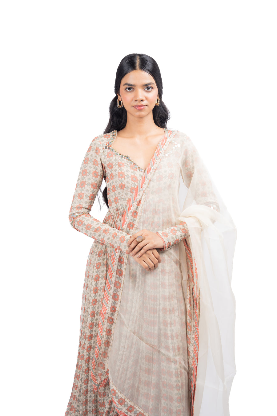 WOMEN'S MULTICOLOR CHIFFON  SEESH MAHAL ANARKALI SET
