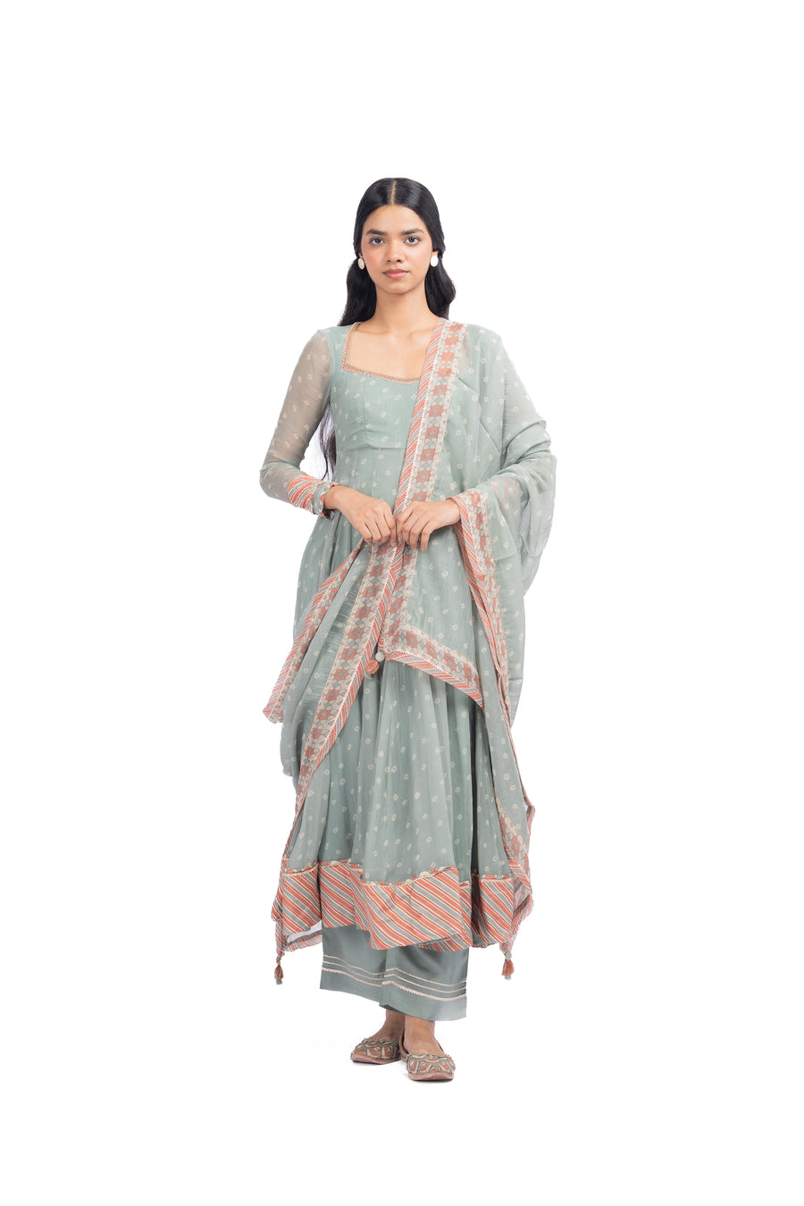 WOMEN'S GREEN CHIFFON  MOTI MAHAL ANARKALI SET