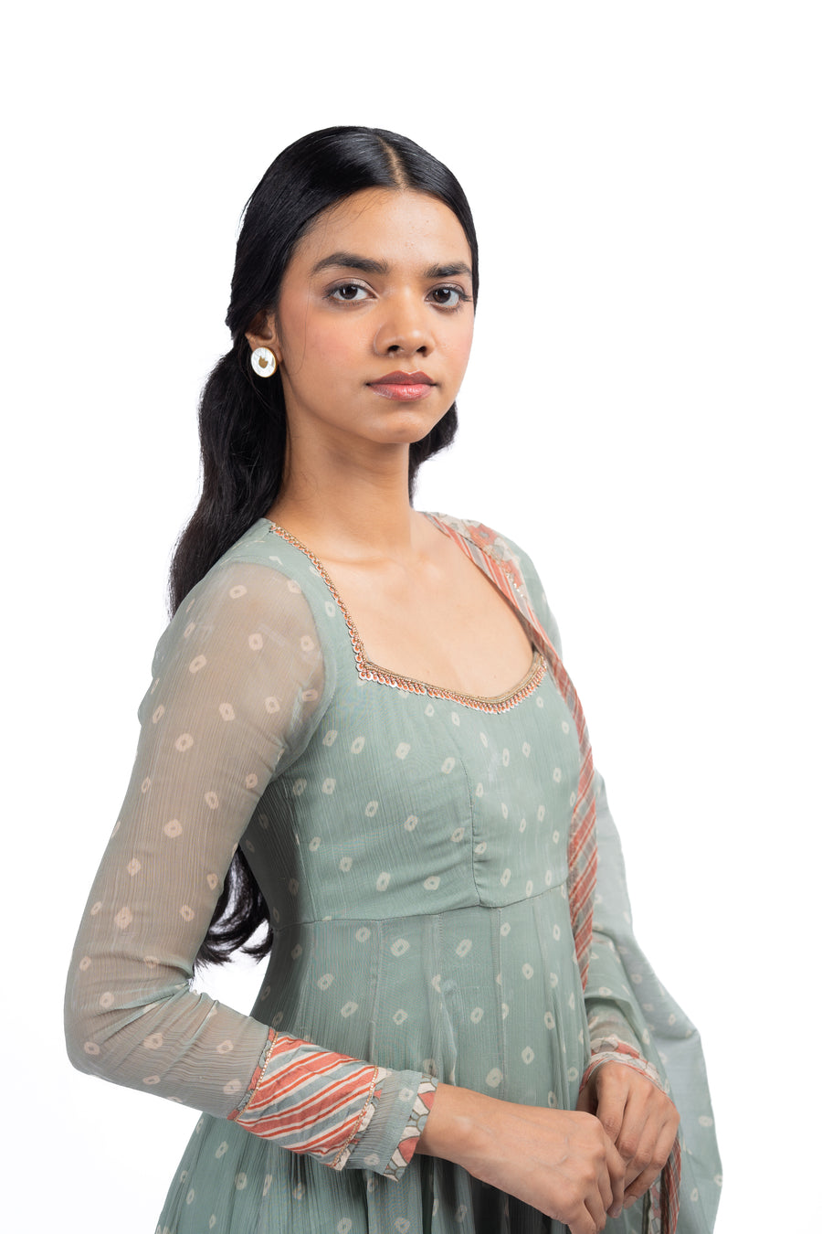WOMEN'S GREEN CHIFFON  MOTI MAHAL ANARKALI SET