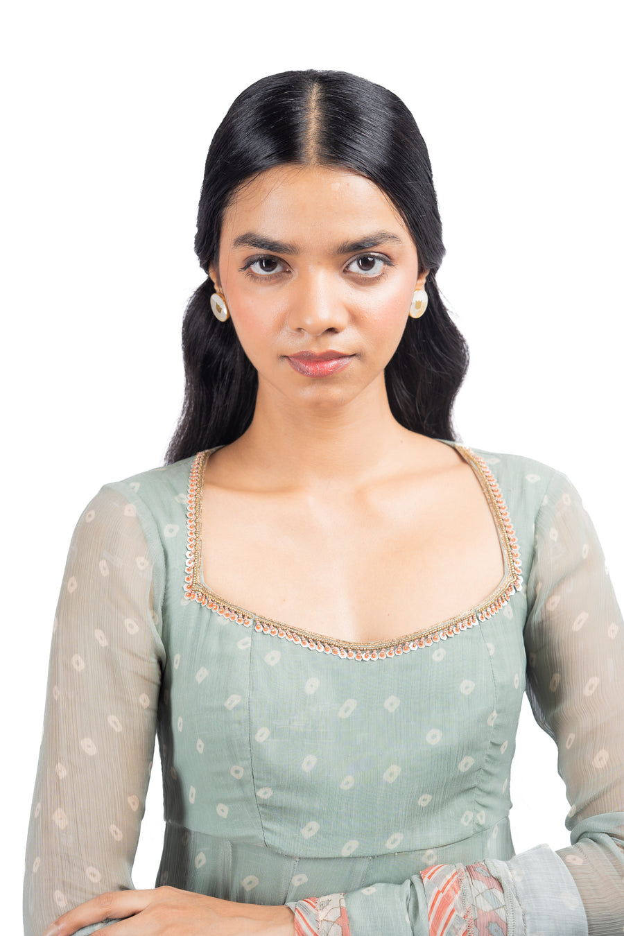 WOMEN'S GREEN CHIFFON  MOTI MAHAL ANARKALI SET