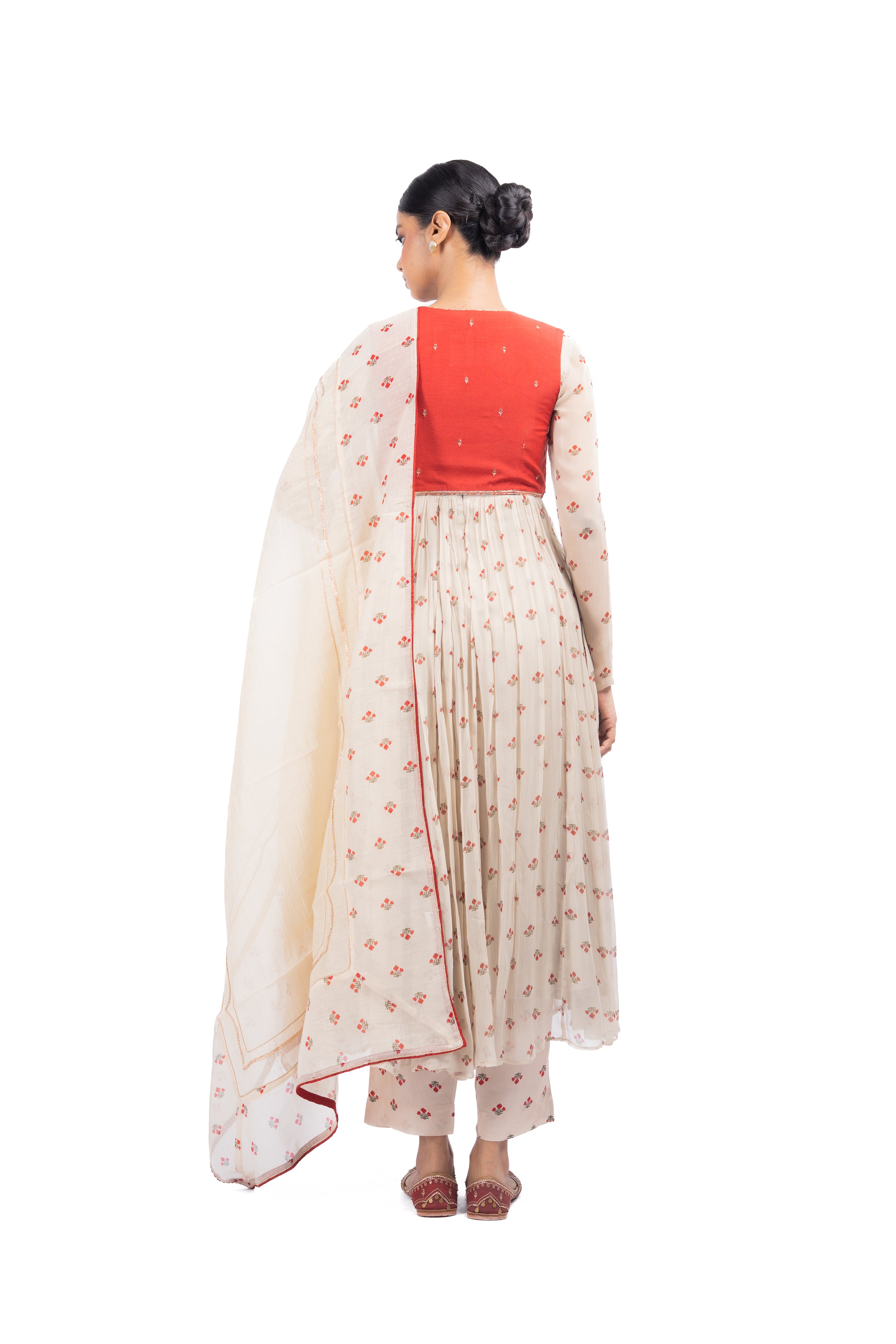 WOMEN'S BEIGE, RED CHIFFON GULAL ANARKALI SET