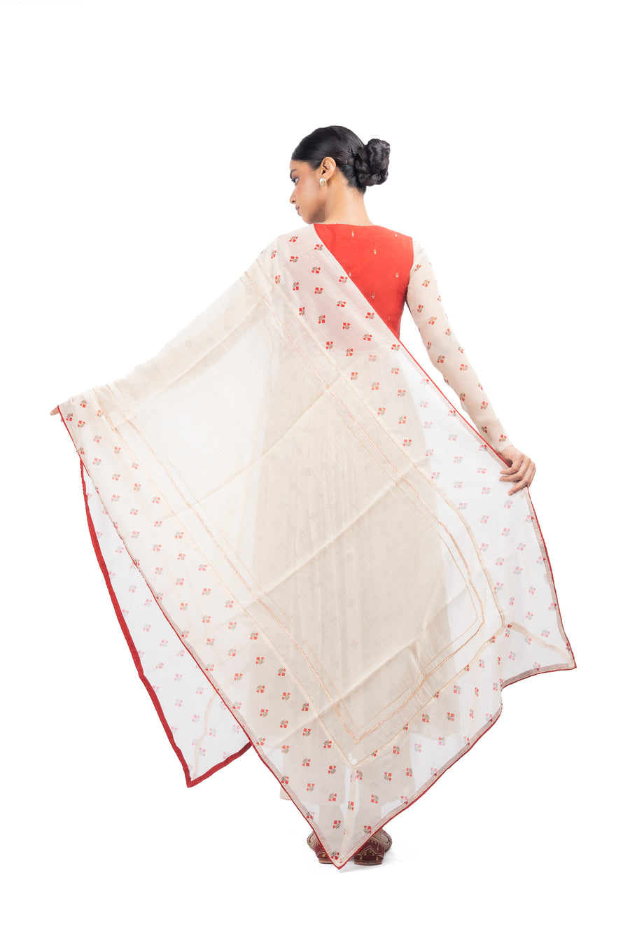 WOMEN'S BEIGE, RED CHIFFON GULAL ANARKALI SET
