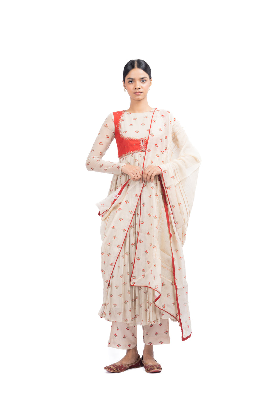 WOMEN'S BEIGE, RED CHIFFON GULAL ANARKALI SET
