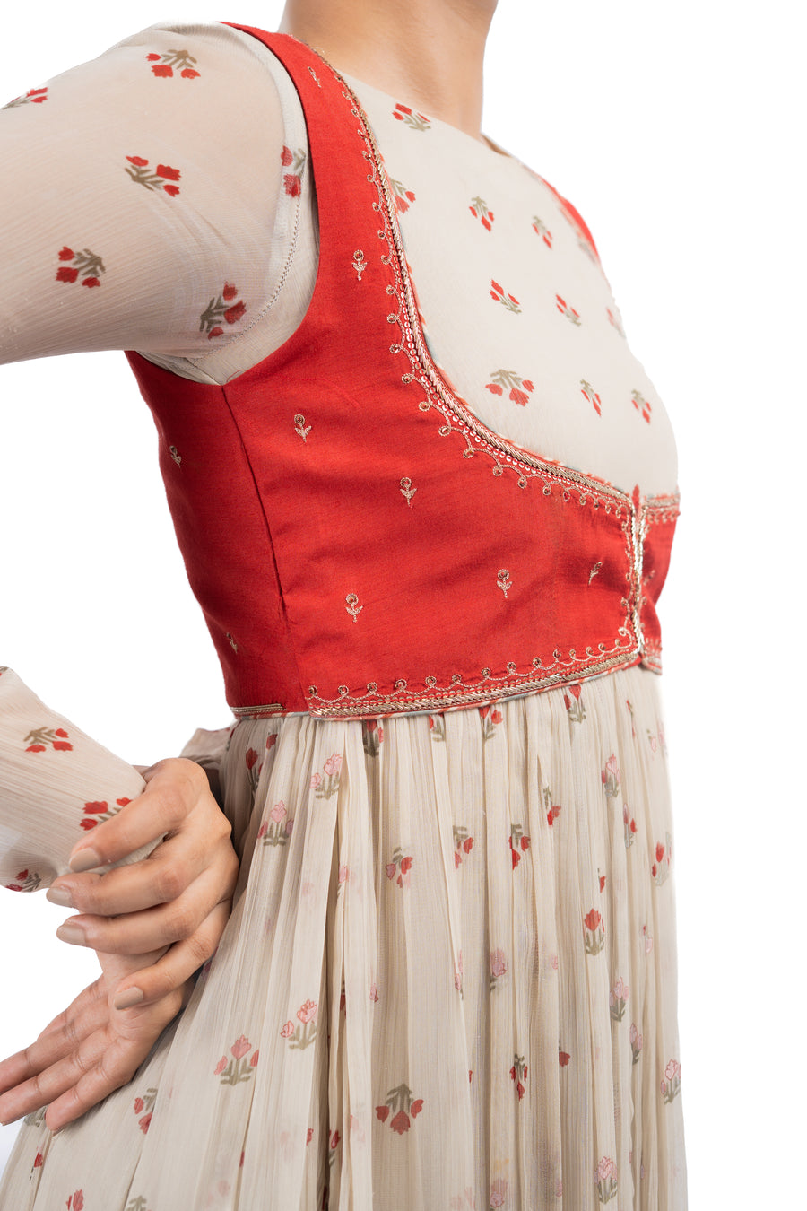 WOMEN'S BEIGE, RED CHIFFON GULAL ANARKALI SET