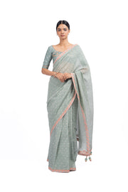 WOMEN'S GREEN CHANDERI SUNEHRI SAREE SET