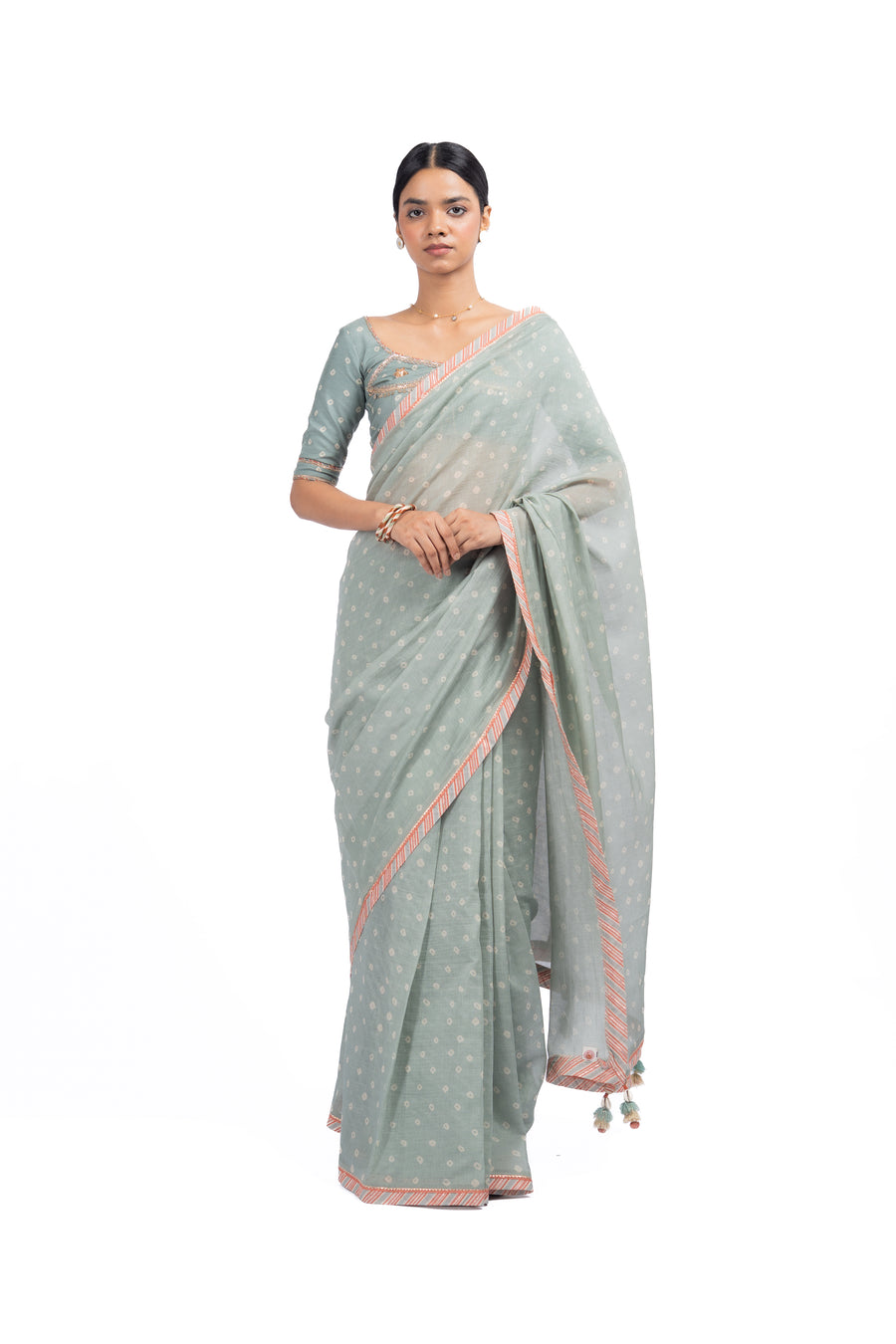 WOMEN'S GREEN CHANDERI SUNEHRI SAREE SET