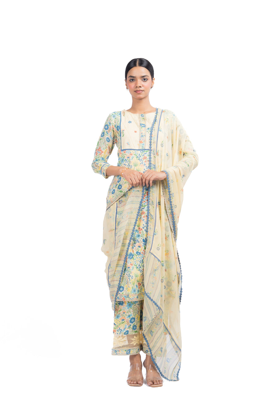 WOMEN'S PASTEL YELLOW - MULTI COLOR COTTON MOSS OLIVIA STRAIGHT KURTA SET