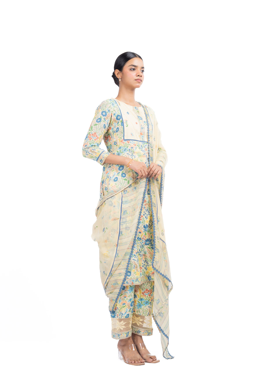 WOMEN'S PASTEL YELLOW - MULTI COLOR COTTON MOSS OLIVIA STRAIGHT KURTA SET