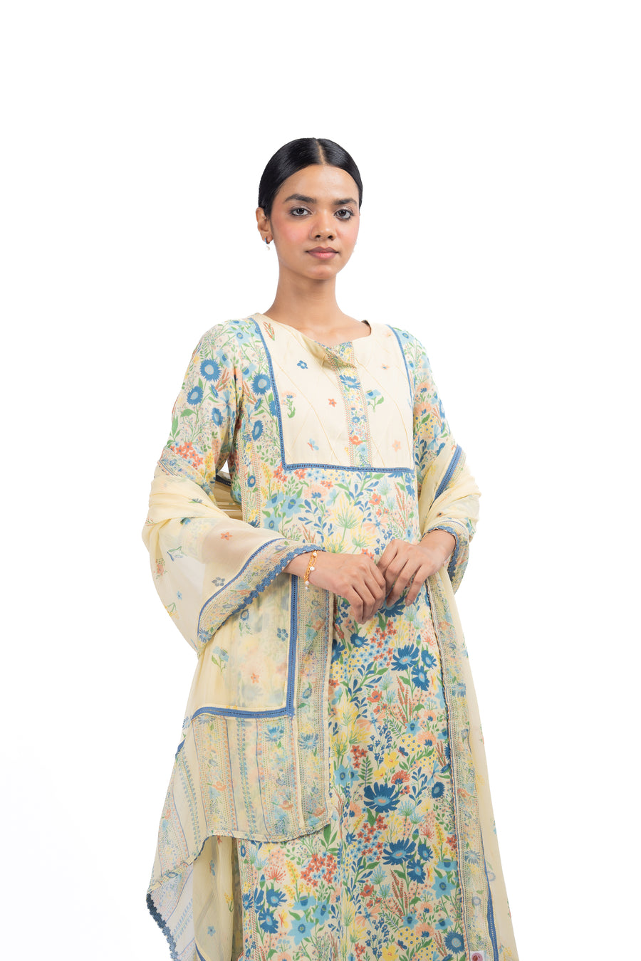 WOMEN'S PASTEL YELLOW - MULTI COLOR COTTON MOSS OLIVIA STRAIGHT KURTA SET