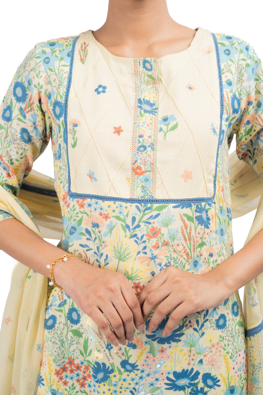 WOMEN'S PASTEL YELLOW - MULTI COLOR COTTON MOSS OLIVIA STRAIGHT KURTA SET
