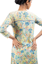 WOMEN'S PASTEL YELLOW - MULTI COLOR COTTON MOSS OLIVIA STRAIGHT KURTA SET