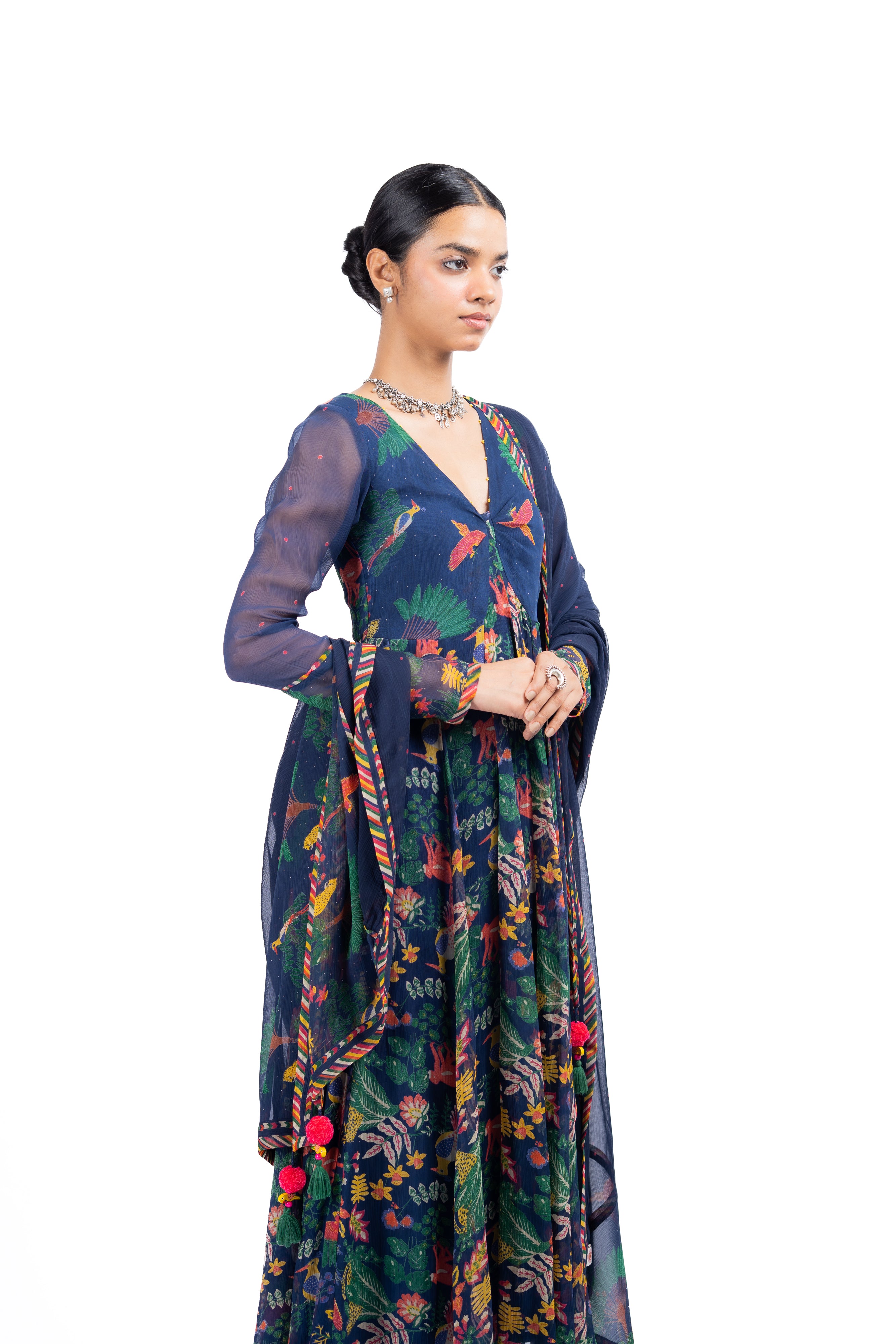 WOMEN'S BLUE CHIFFON KANAN ANARKALI SET
