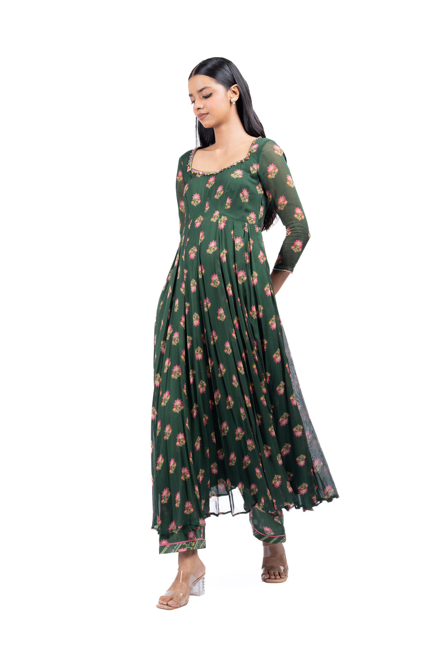 WOMEN'S GREEN MODAL SATIN ANSHIKA ANARKALI SET