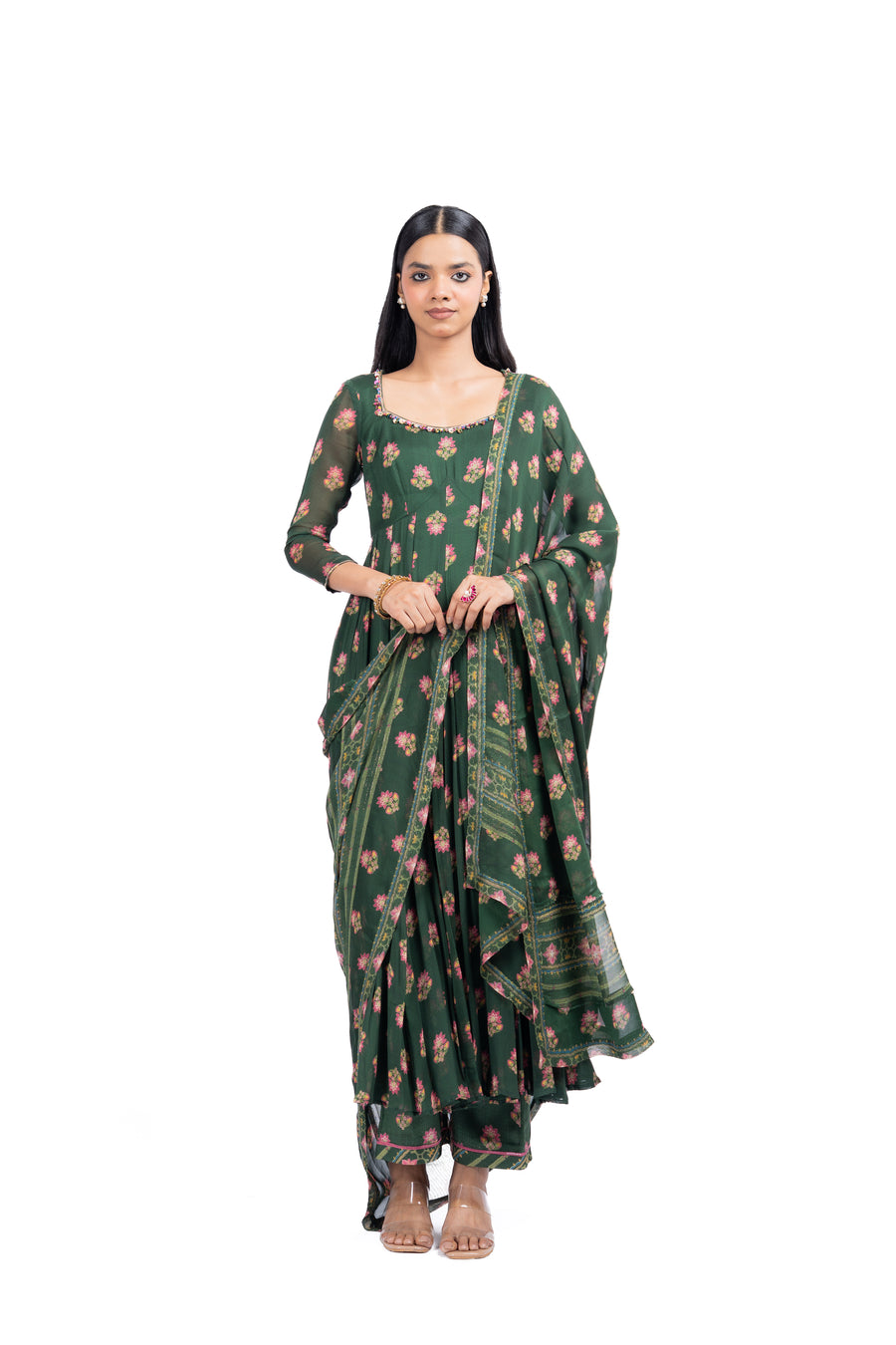 WOMEN'S GREEN MODAL SATIN ANSHIKA ANARKALI SET