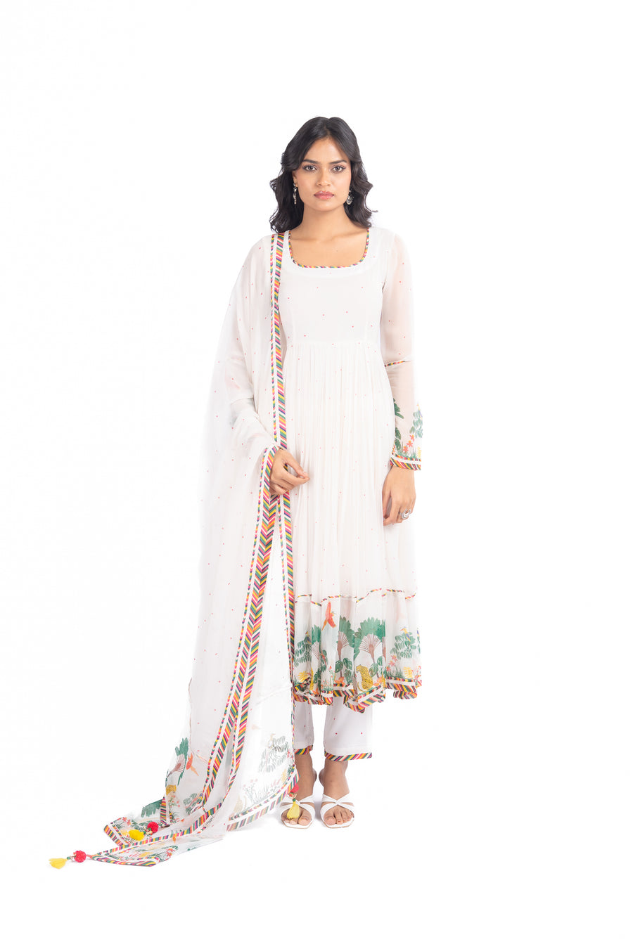 WOMEN'S WHITE CHIFFON NOORI ANARKALI SET