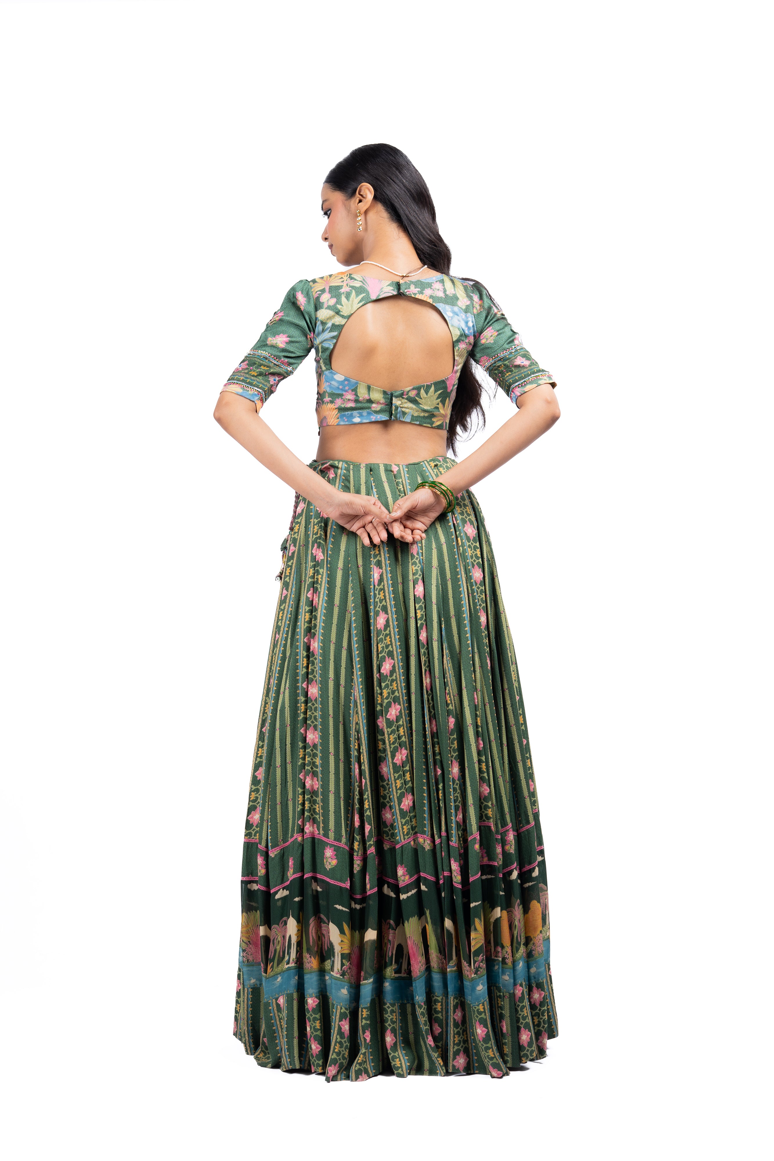 WOMEN'S GREEN COTTON PADMA LEHENGA SET