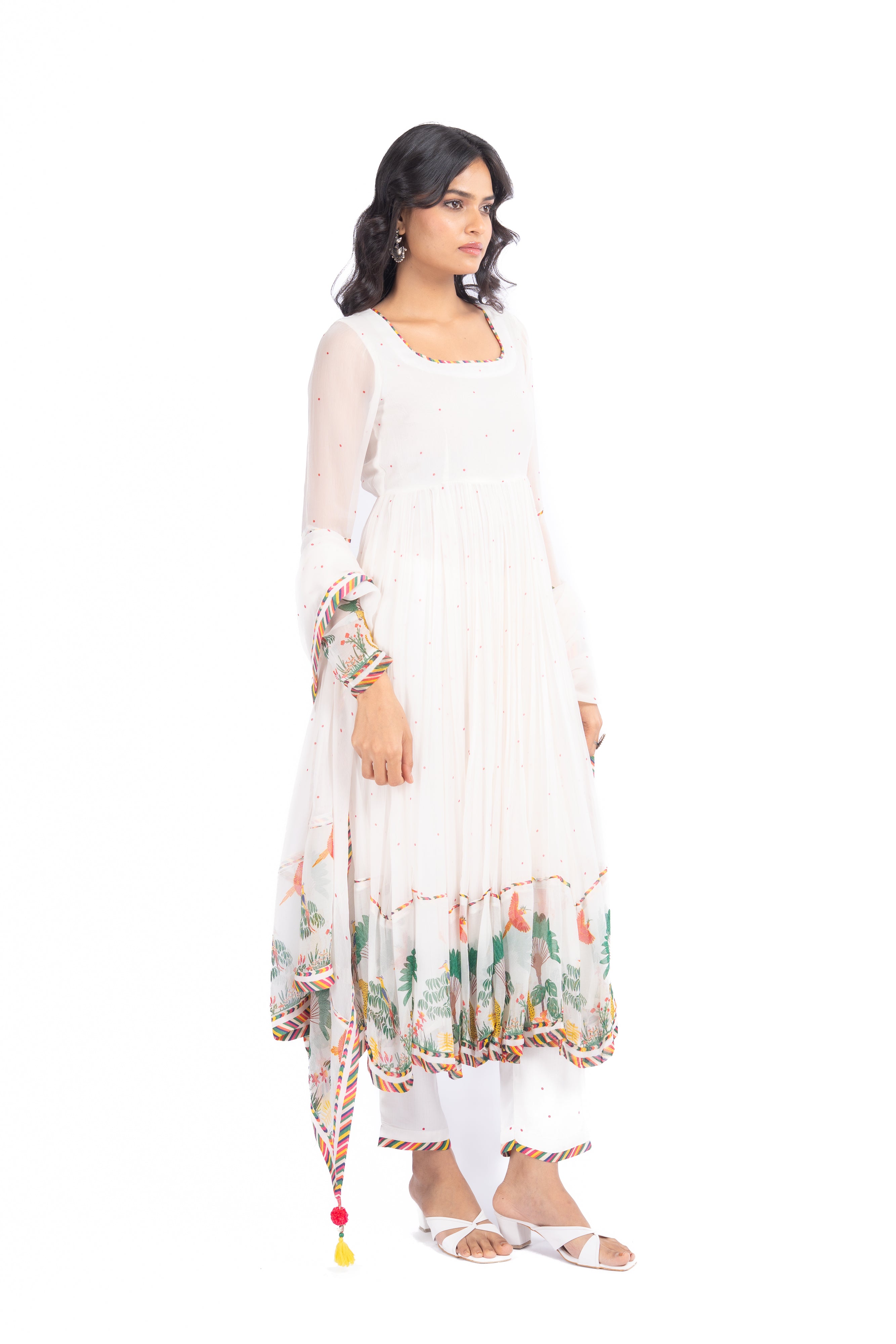 WOMEN'S WHITE CHIFFON NOORI ANARKALI SET