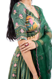 WOMEN'S GREEN COTTON PADMA LEHENGA SET