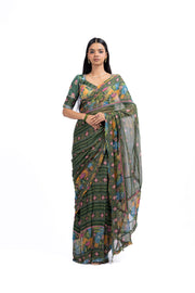 WOMEN'S GREEN CHIFFON FALGUNI SAREE SET