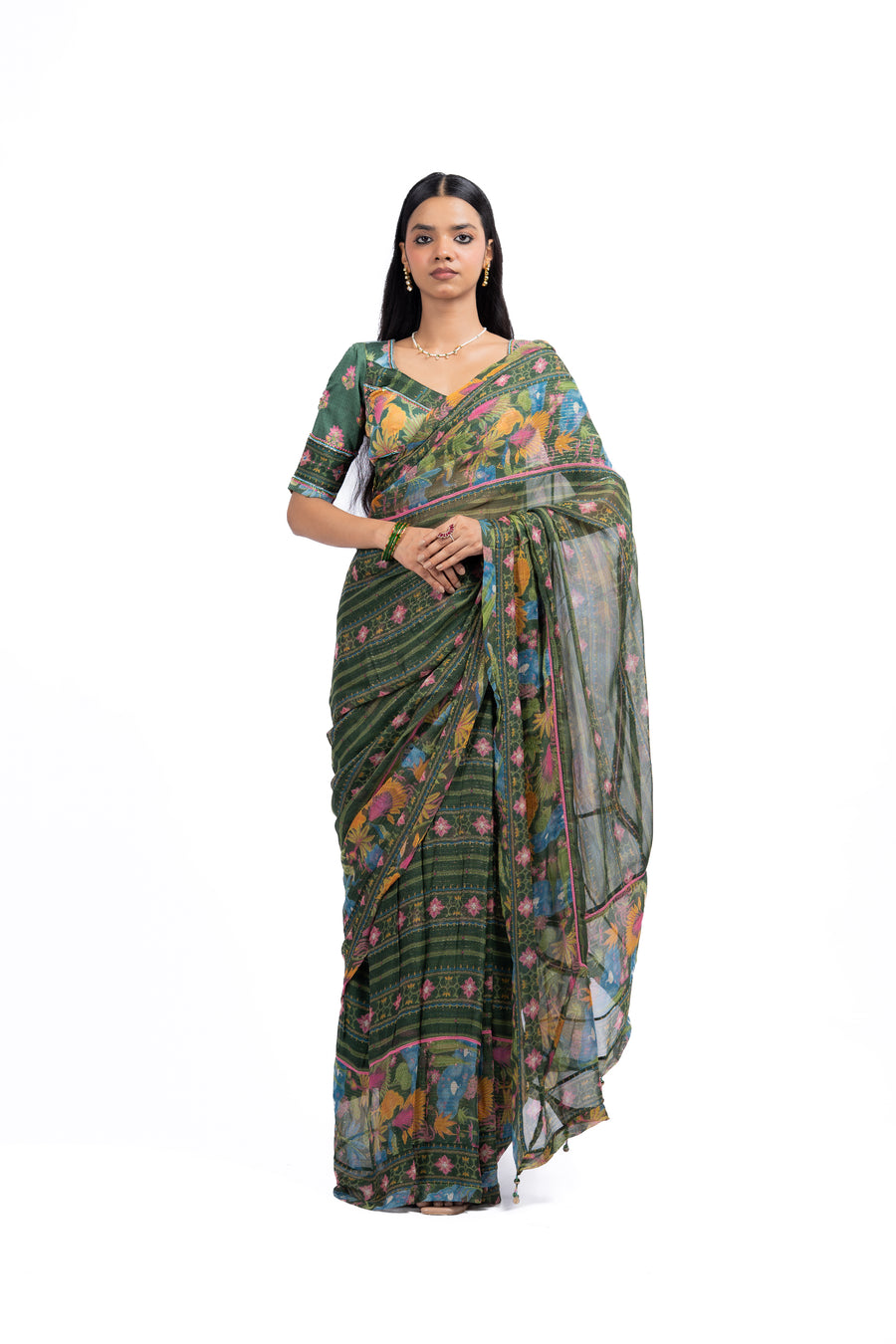 WOMEN'S MULTICOLOR LUREX CHIFFON FALGUNI SAREE