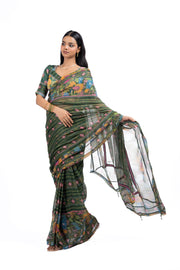 WOMEN'S GREEN CHIFFON FALGUNI SAREE SET