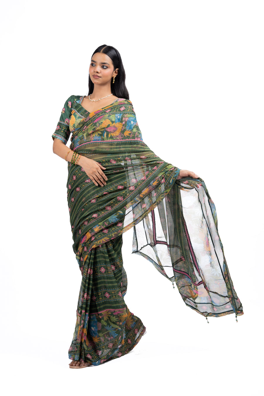 WOMEN'S GREEN CHIFFON FALGUNI SAREE SET
