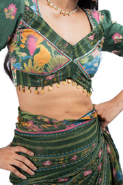 WOMEN'S GREEN CHIFFON FALGUNI SAREE SET