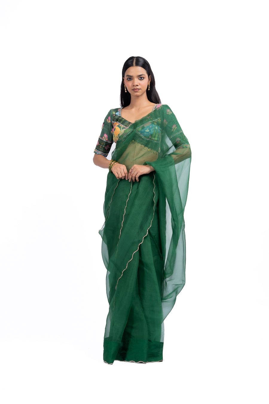 WOMEN'S GREEN CHIFFON TARU SAREE SET