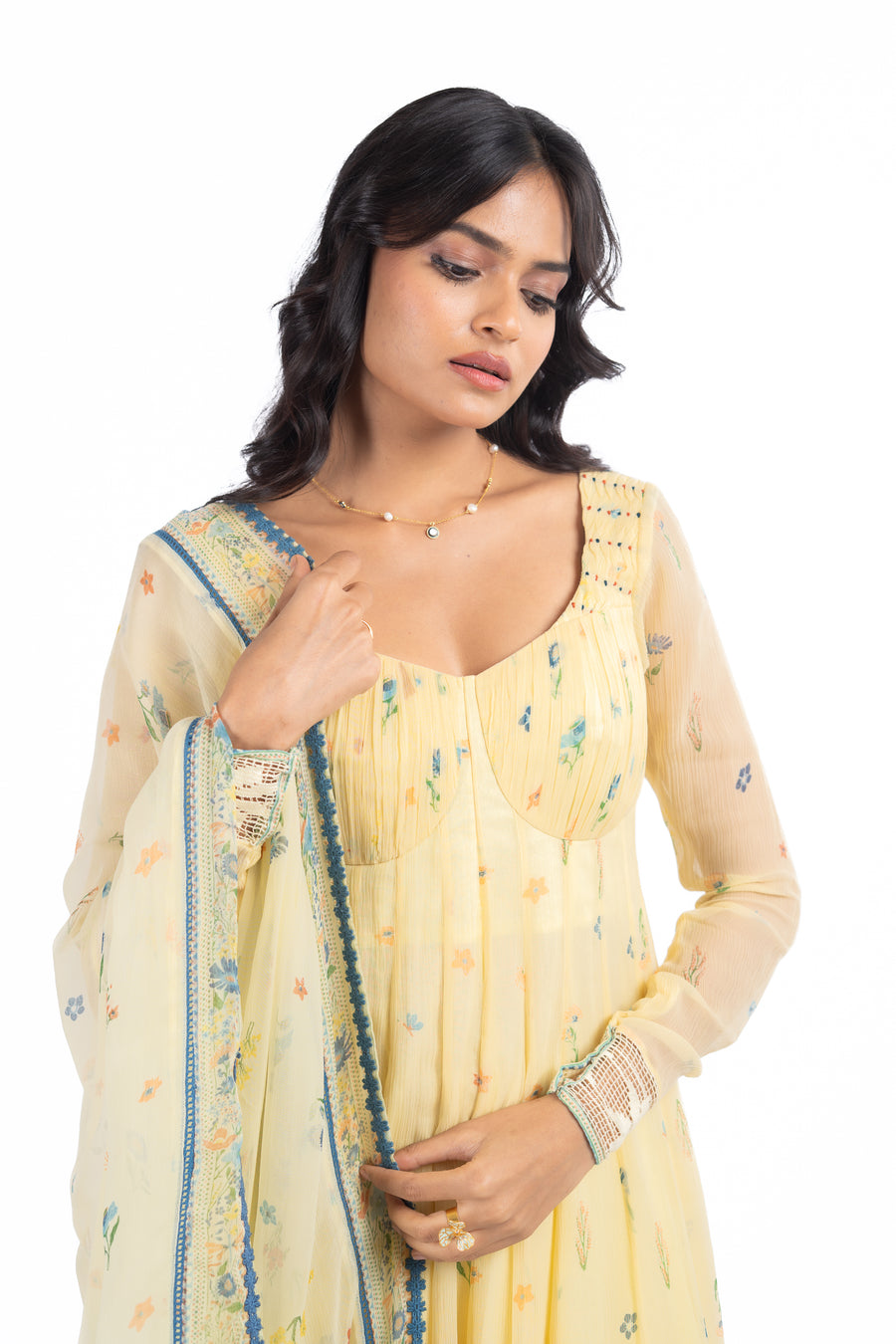 WOMEN'S PASTEL YELLOW - MULTICOLOR CHIFFON  JUNIPER ANARKALI SET
