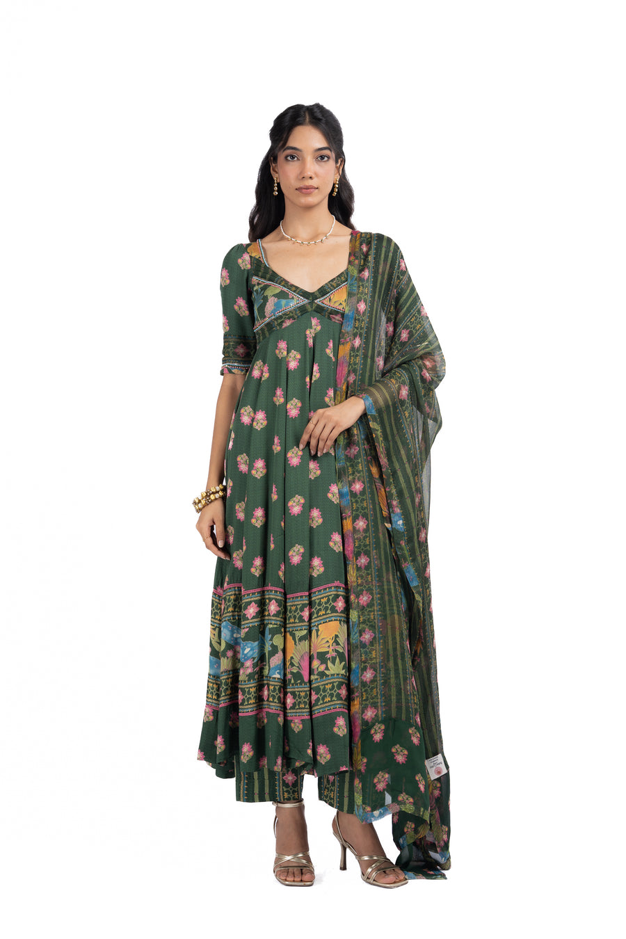 WOMEN'S GREEN COTTON GAURI ANARKALI SET