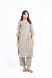 WOMEN'S GREEN CHANDERI NEEL KAMAL KURTA SET