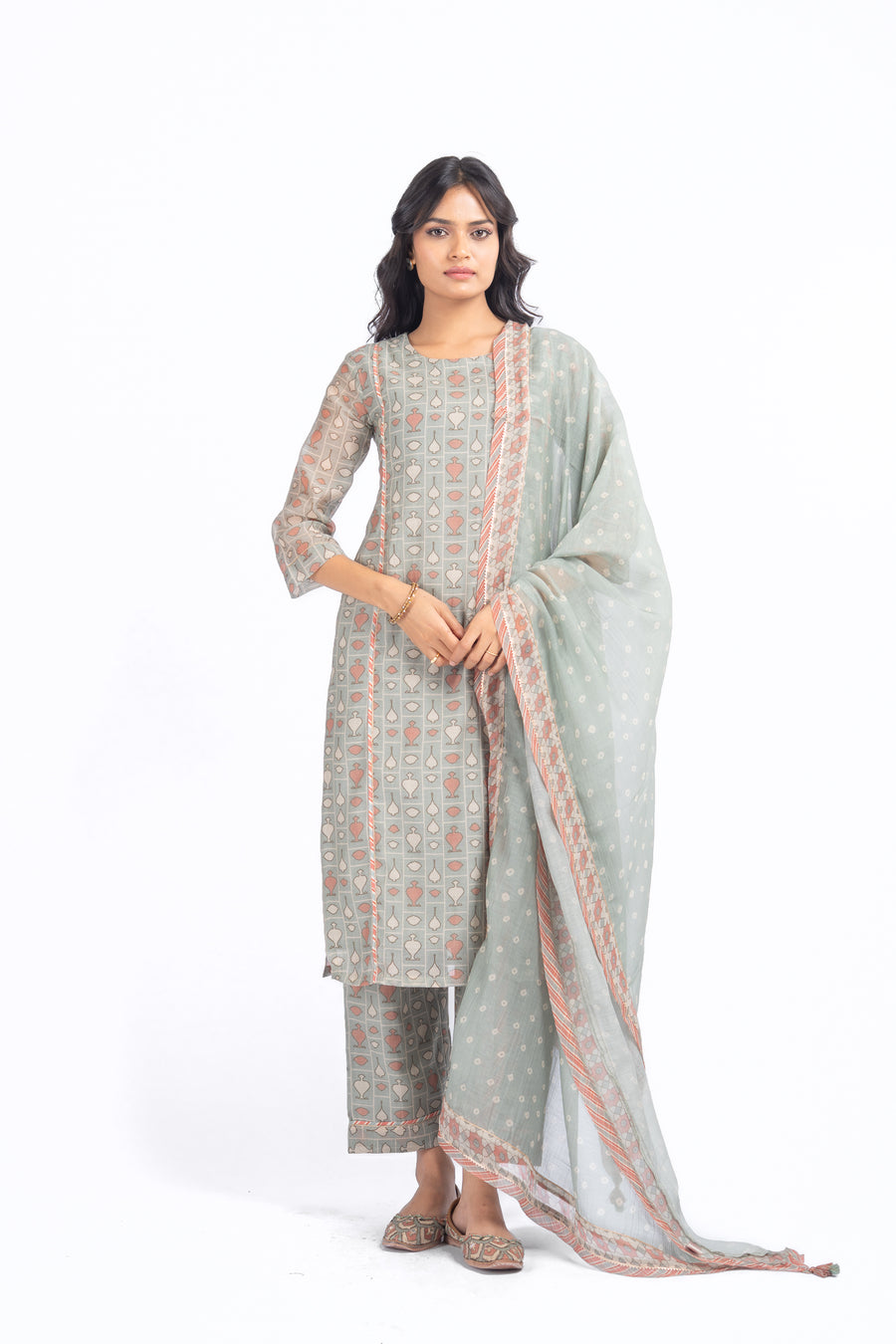 WOMEN'S GREEN CHANDERI NEEL KAMAL KURTA SET