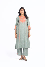 WOMEN'S GREEN CHANDERI SANGANERI KURTA SET