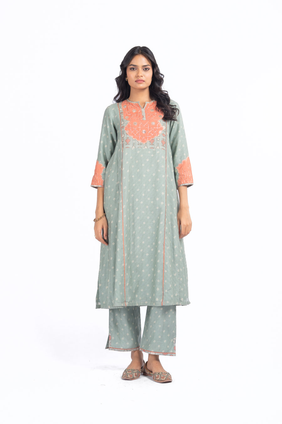 WOMEN'S GREEN CHANDERI SANGANERI KURTA SET