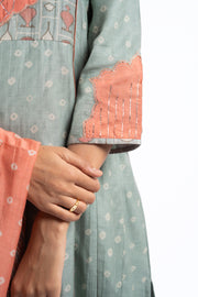 WOMEN'S GREEN CHANDERI SANGANERI KURTA SET