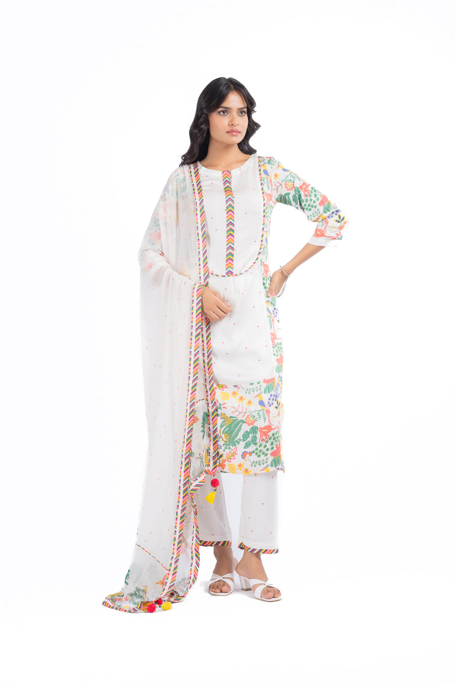 WOMEN'S WHITE MODAL SATIN SABA KURTA SET