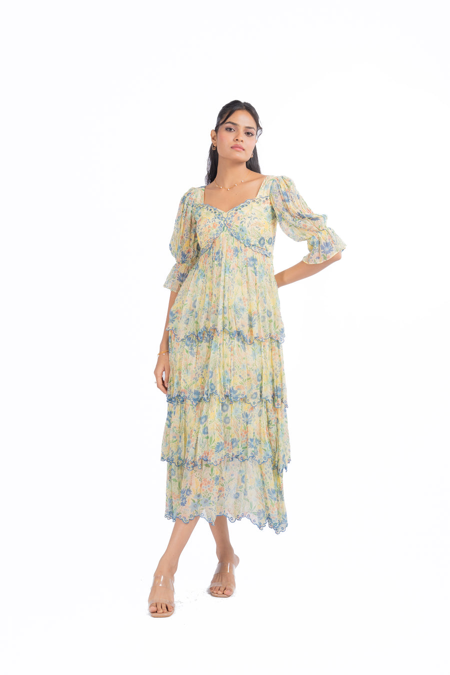 WOMEN'S PASTEL YELLOW - MULTI COLOR CHIFFON CHARMY DRESS