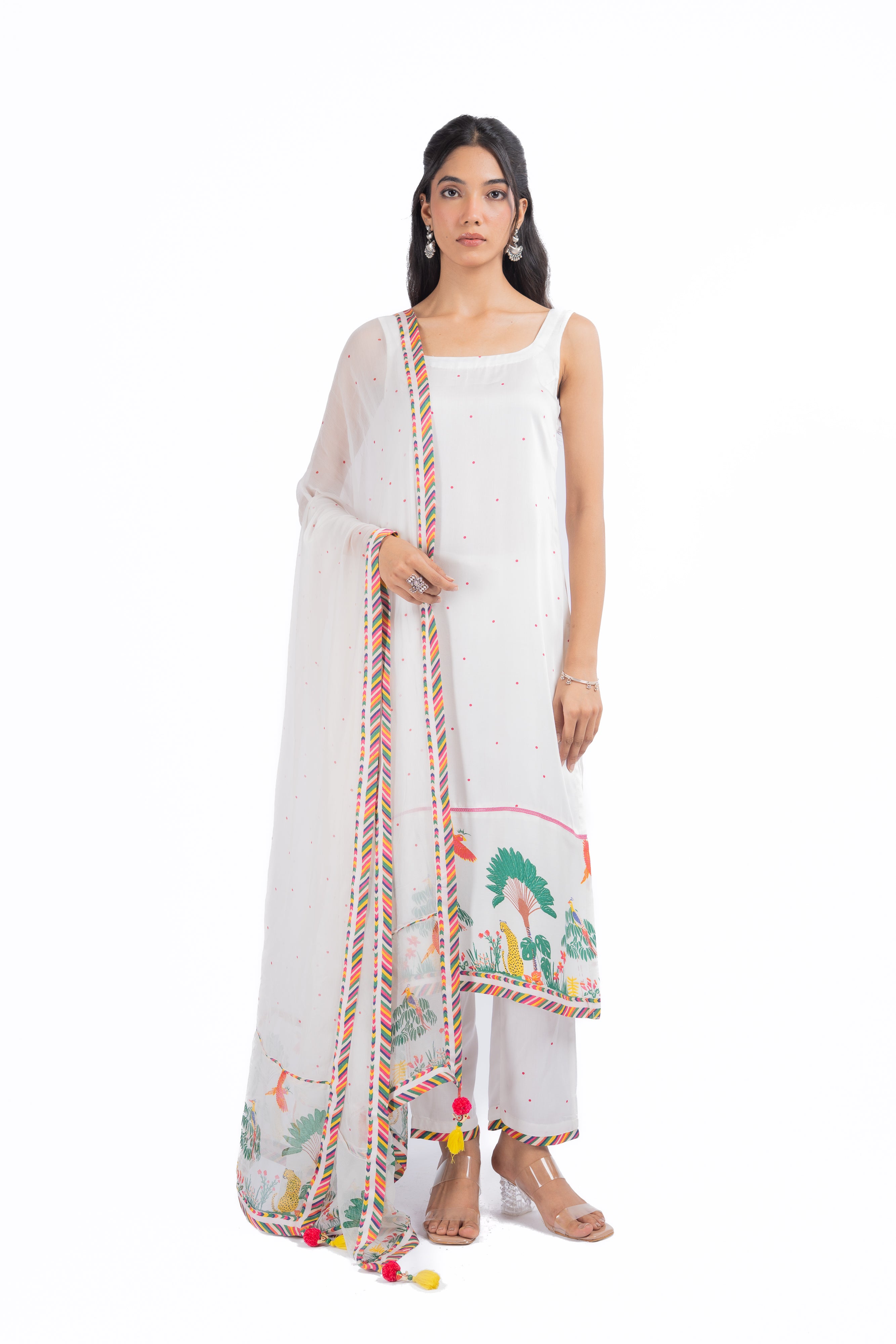 WOMEN'S WHITE MODAL SATIN HOOR KURTA SET
