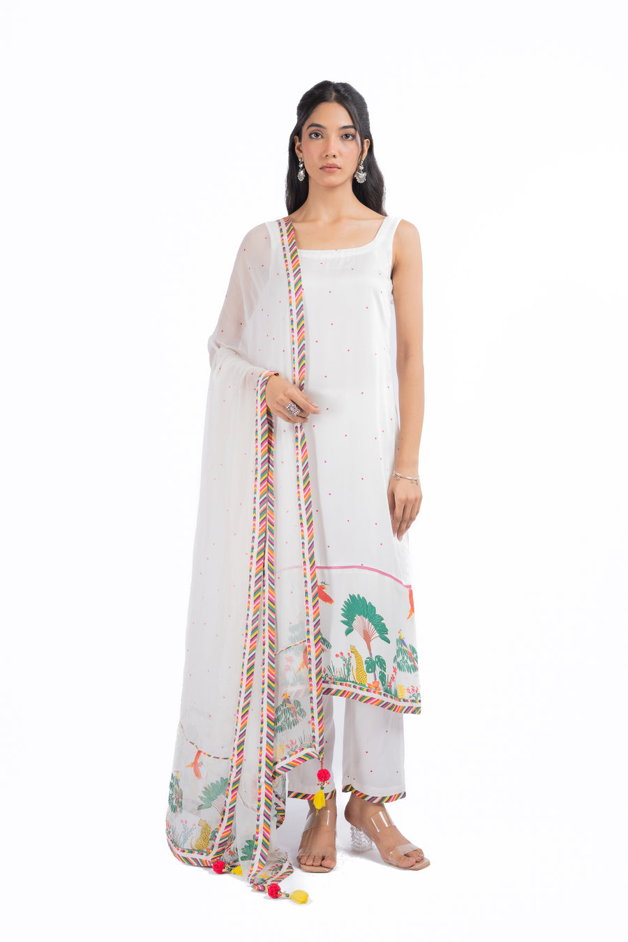 WOMEN'S WHITE MODAL SATIN HOOR KURTA SET