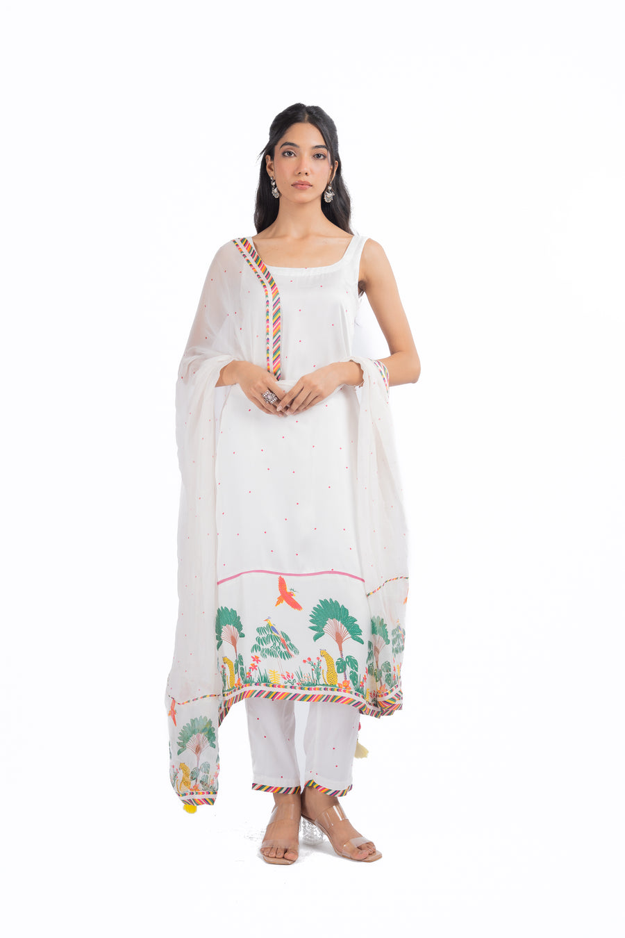 WOMEN'S WHITE MODAL SATIN HOOR KURTA SET