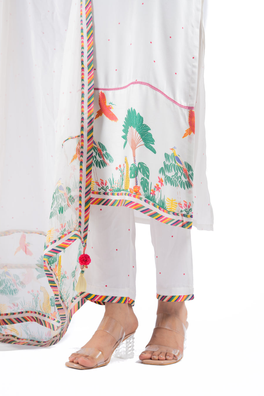 WOMEN'S WHITE MODAL SATIN HOOR KURTA SET