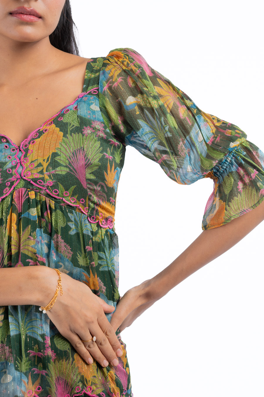 WOMEN'S GREEN LUREX CHIFFON AANYA DRESS
